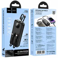 Power Bank Hoco J132A Sabio 20000mAh 22.5W+PD20W with 3 Intergrated Cables 2xUSB-C 1xLightning and 1xUSB-A Port LED Digital Display Black