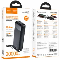 Power Bank Hoco J163A 20000mAh 5V/2A QC 1xUSB-C 2xUSB-A with Integrated Cables USB-A USB-C Lightning MicroUSB and LED Battery Display Black