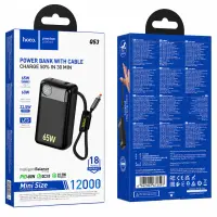 Power Bank Hoco Q53 Skillful 12000mAh PD65W QC3.0 1xUSB-C 1xUSB-A with Integrated Cable USB-C and LED Display Black
