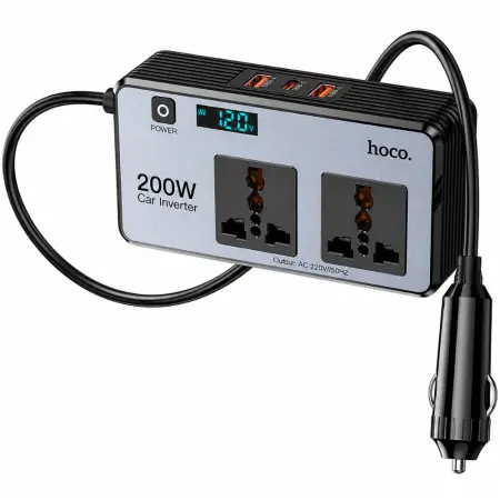 Car Charger 12V to 220V Converter Hoco Z66 with 2xOutlets 200W 2xUSB-A 1xUSB-C 66W LED Display Cable 50cm Black