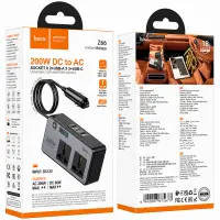 Car Charger 12V to 220V Converter Hoco Z66 with 2xOutlets 200W 2xUSB-A 1xUSB-C 66W LED Display Cable 50cm Black