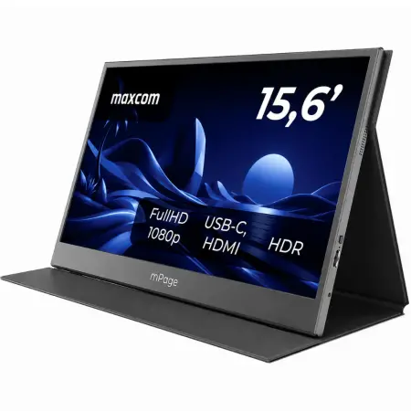 Portable Monitor Maxcom MPAGE15 15.6’’ HDR FHD 1920 x 1080 IPS 1xMiniHDMI 2xUSB-C 3.1 1xAudio Jack 3.5mm Built-in Case Stand Black