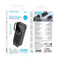 Power Bank Borofone BJ76A 20000mAh with 4 Cables and 4 Ports USB-C USB-A Lightning Micro-USB and LED Battery Indicator Black