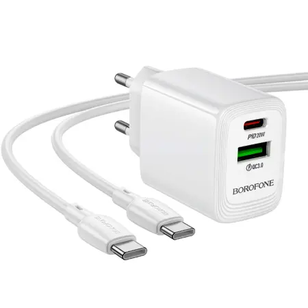 Travel Charger Borofone BN27 Fuente GaN 1xUSB-C PD20W 1xUSB-A QC3.0A and USB-C to USB-C Cable White