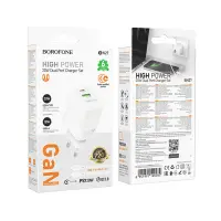 Travel Charger Borofone BN27 Fuente GaN 1xUSB-C PD20W 1xUSB-A QC3.0A and USB-C to USB-C Cable White