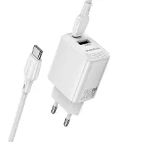 Travel Charger Borofone BN27 Fuente GaN 1xUSB-C PD20W 1xUSB-A QC3.0A and USB-C to USB-C Cable White