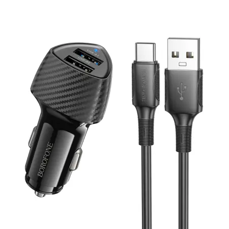 Car Charger Borofone BZ31A Solid Dual USB-A Ports 17W and USB-A  to USB-C Cable 1m Black