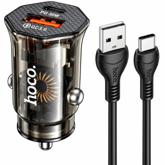 Car Charger Hoco. DZ16 Apex Lightweight USB-C PD30W + USB-A 18W QC3.0A with USB-A to USB-C Cable Transparent Black