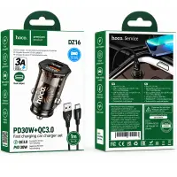 Car Charger Hoco. DZ16 Apex Lightweight USB-C PD30W + USB-A 18W QC3.0A with USB-A to USB-C Cable Transparent Black