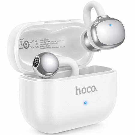 Wireless Hands Free Open-Ear Hoco. DES61 Cool TWS v6.0 250mAh 6h Talk Time White with White Silicon Sleeve