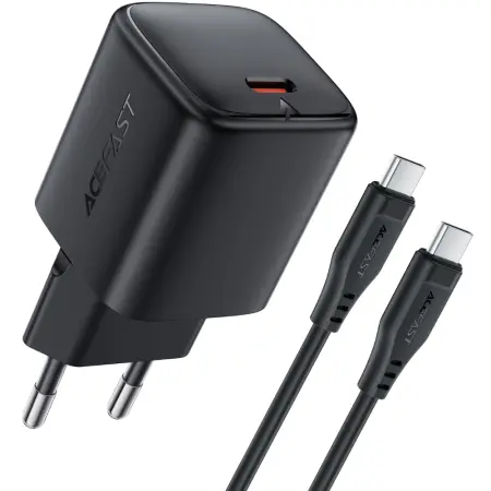 Travel Charger Acefast A119 Mini Fast Charging 1xUSB-C PD45W QC3.0 GaN with USB-C to USB-C Cable 1.2m Black
