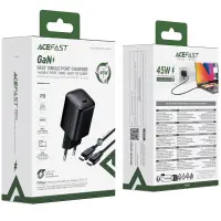 Travel Charger Acefast A119 Mini Fast Charging 1xUSB-C PD45W QC3.0 GaN with USB-C to USB-C Cable 1.2m Black