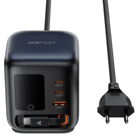 Desktop Charger Acefast Z10 100W 2xUSB-C 1xUSB-A 1xUSB-C GaN Retractable Cable and LED Smart Digital Display Black