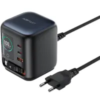 Desktop Charger Acefast Z10 100W 2xUSB-C 1xUSB-A 1xUSB-C GaN Retractable Cable and LED Smart Digital Display Black