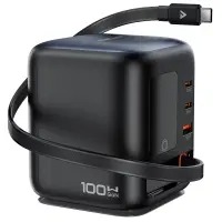 Desktop Charger Acefast Z10 100W 2xUSB-C 1xUSB-A 1xUSB-C GaN Retractable Cable and LED Smart Digital Display Black