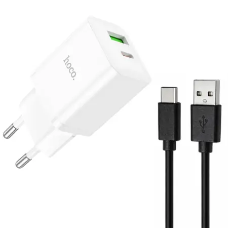 Travel Charger Mini Hoco N28 Founder PD20W QC3.0A Dual Port 1xUSB-A 1xUSB-C White Bulk with USB-A to USB-C Cable